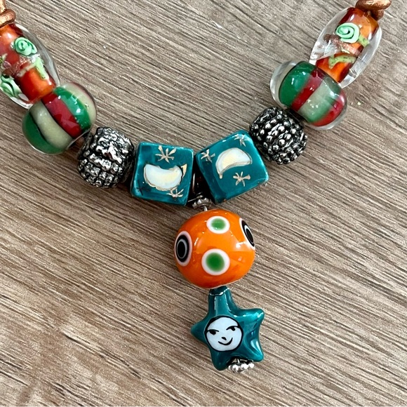 Artisan Colorful‎ Glass Bead with leather rope Necklace Sun Moon and Star face